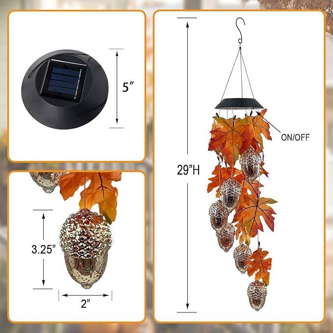 Solar Acorns Wind Chimes for Outside,Osk Leaves Danglers Mobile Lights,Outdoor Hanging Fall Decor for Garden Patio Yard,Thanksgiving Birthday Gifts for Women