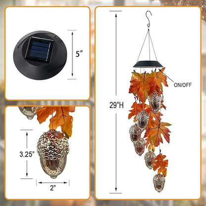 Solar Acorns Wind Chimes for Outside,Osk Leaves Danglers Mobile Lights,Outdoor Hanging Fall Decor for Garden Patio Yard,Thanksgiving Birthday Gifts for Women