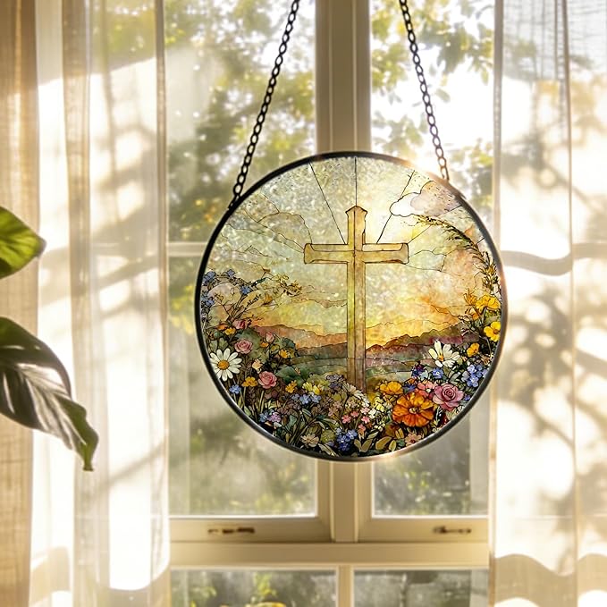 Christian Cross Flower Stained Glass Window Hanging, Wildflower Religious Cross Suncatcher Indoor Window Glass Round Wall Art Decor, 7.9x7.9 Inch