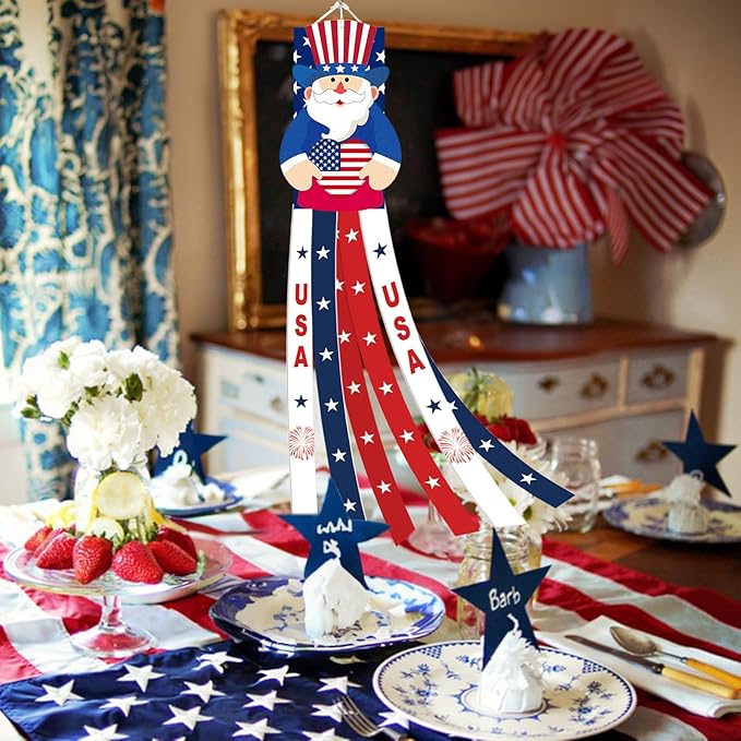 40 Inches Uncle Sam Windsock Decoration, Patriotic USA Themed Hanging Outdoor Wind Sock Ornament with Red, White, Blue Streamers, 'USA' Lettering, and Stars for 4th of July, Memorial Day, Veterans Day