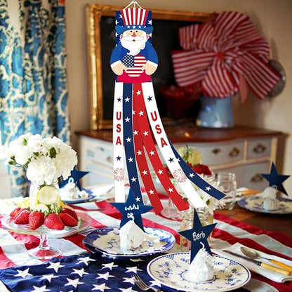 40 Inches Uncle Sam Windsock Decoration, Patriotic USA Themed Hanging Outdoor Wind Sock Ornament with Red, White, Blue Streamers, 'USA' Lettering, and Stars for 4th of July, Memorial Day, Veterans Day