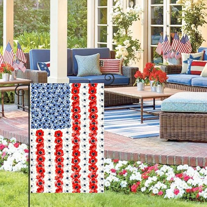 Patriotic Flower American Garden Flag Spring Summer Yard Decor 4th of July Memorial Independence Day Decorations Red White Blue Poppy Banner for Outside 28x40 Double Sided