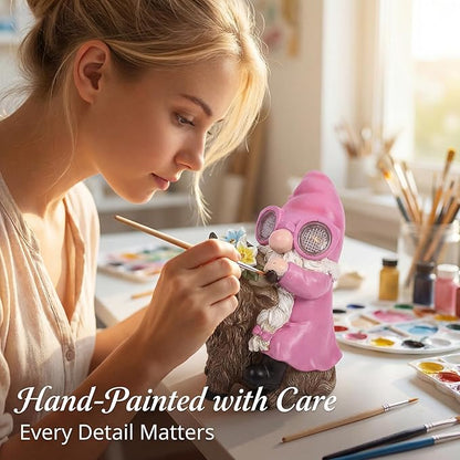 iStatue Solar Highland Cow Garden Statue with Animated LED Goggles - 8.7" Resin Gnome Figurine Moving Pixel Matrix Eyes Unique for Mom Women (Pink)
