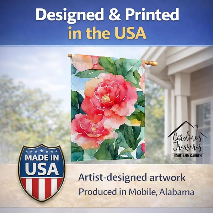 Caroline's Treasures Alabama Camellia in Watercolor House Flag Large Porch Sleeve Pole Decorative Outside Yard Banner Artwork Wall Hanging, Polyester, House Size, Multicolor