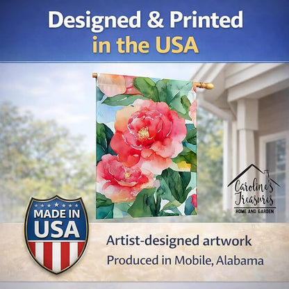 Caroline's Treasures Alabama Camellia in Watercolor House Flag Large Porch Sleeve Pole Decorative Outside Yard Banner Artwork Wall Hanging, Polyester, House Size, Multicolor