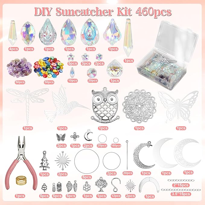 Tarklanda 460 PCS DIY Crystal Suncatcher Craft Kit - Rainbow Maker Hanging Sun Catchers with Hooks Chains Colorful Prism Pendants for Window Garden Home Decor Wedding Birthday Gifts