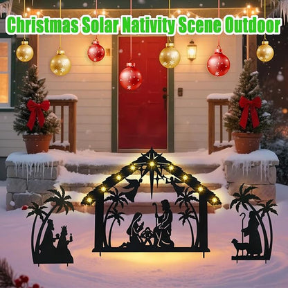 Solar Nativity Scene Outdoor,3Pack Lighted Outdoor Christmas Decorations,Metal Silhouette Nativity Set Outside for Yard Garden Stake