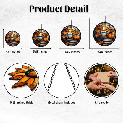Pumpkin Spices Books Acrylic Suncatcher Stained Glass Effect Window Car Hanging Christmas Ornament Indoor Outdoor Decor Garden Sun Catcher Panel for Book Lover for Women Mom Grandma