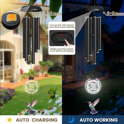 37" Solar Wind Chimes for Outside, Gifts Wind Chimes with Solar Powered Acrylic Lights & Hand-Painted Hummingbird for Mom, Grandma, Outdoor Wind Chimes for Garden, Patio, Yard