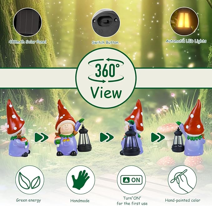 RICHIE Gnome Statue Garden Ornaments Art Outdoor Decoration with Solar Powered LED Lights Decor for Patio,Balcony,Yard, Mum Birthday Gifts, Garden Gifts for Women, Chrismtas Gifts for Mom Grandma