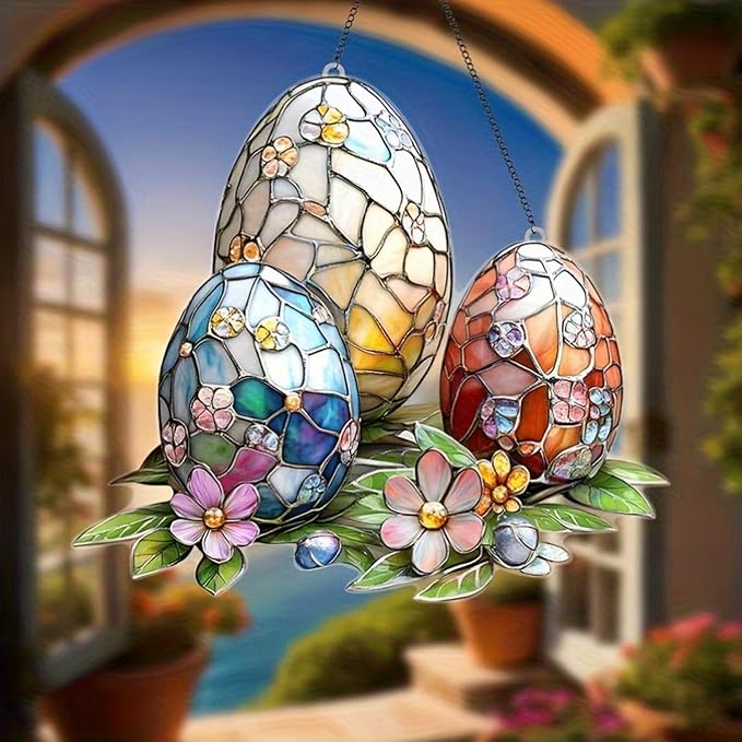 Easter Sun Catcher for Window Hanging with Easter Eggs Designs Cute Ornament Full Cover Acrylic Stained Glass for Garden Party Decor Women Friends Easter Gift