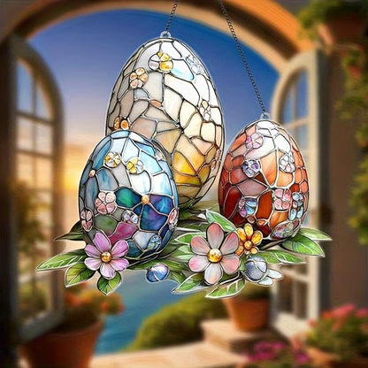 Easter Sun Catcher for Window Hanging with Easter Eggs Designs Cute Ornament Full Cover Acrylic Stained Glass for Garden Party Decor Women Friends Easter Gift