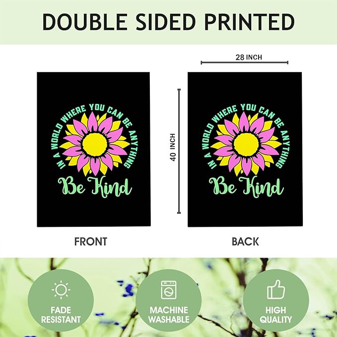 Mugod Be Kind Sunflower House Flag 28x40 Inch, Inspirational Kindness Floral Quote Design, Double Sided Burlap Yard Flag, Farmhouse Outdoor Porch Garden Decor