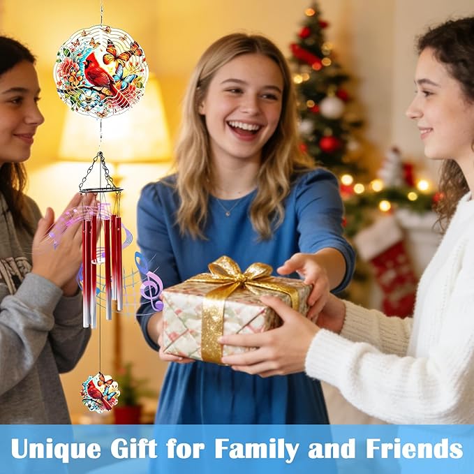 Cardinal Wind Chimes for Outside with 3D Butterfly Spinner, 28" Memorial Wind Chimes for Loss of Loved One, 6 Tuned Aluminum Tubes, Sympathy Gifts for Mom Grandma Garden Patio Decor