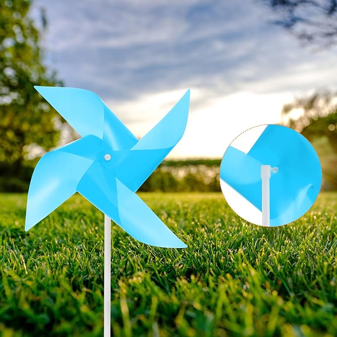 HARFINGTON 50pcs Windmills for The Yard Garden 15" x 7.5" 4 Leaves Pinwheels Wind Mills Spinners Windproof Waterproof Bird Devices with Stakes for Patio Decor, Light Blue