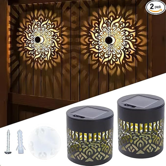 Solar Outdoor Fence Lights 2 Pack, Solar Wall Step Deck Lights Outdoor Garden Decor with Hummingbird & Mandala Flower Theme for Yard Art, Porch, Patio & Backyard Decor, Gifts for Mom & Women (Yellow)