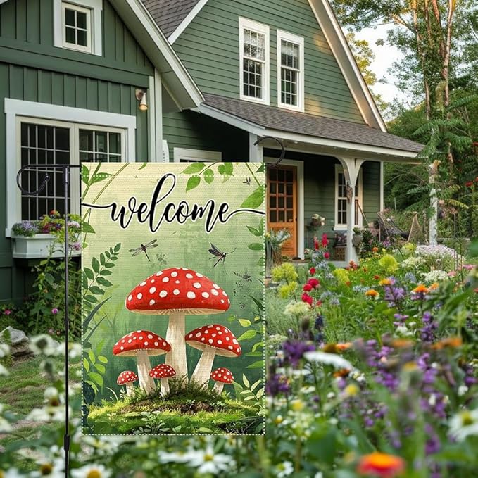 Welcome Spring Summer Mushrooms Garden Flag 12x18 inch Double-Sided Small Burlap Yard Outside Lawn Rustic Farmhouse Decorations