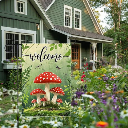 Welcome Spring Summer Mushrooms Garden Flag 12x18 inch Double-Sided Small Burlap Yard Outside Lawn Rustic Farmhouse Decorations