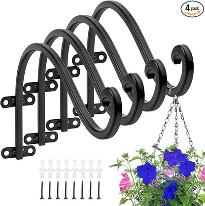 4 Pack Heavy Duty 16 Inch Outdoor Plant Hangers, Black Wall Hanging Brackets for Hanging Flower Basket, Bird Feeders, Lanterns, Wind Chimes