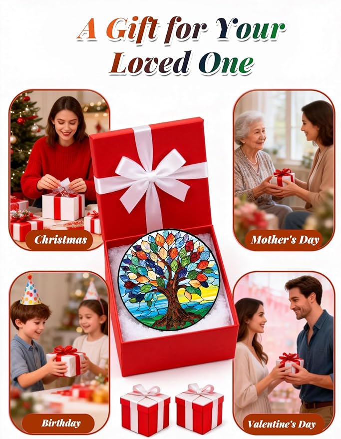 Stained Glass Window Hanging, Colorful Tree of Life Suncatcher for Door Home Decor, Glass Panel Sunrise Sun Catcher Ornament Mother's Day Birthday Gifts for Women Men Mom 7.8 in