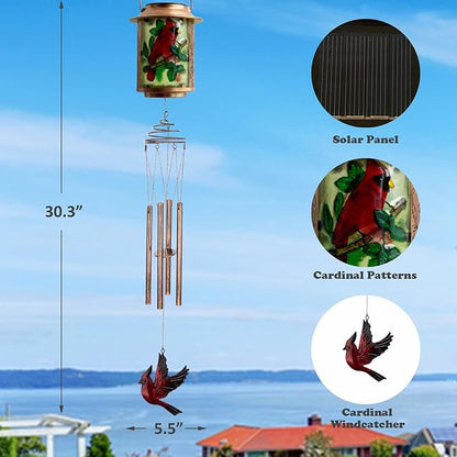 Solar Wind Chimes for Outdoor, Cardinal Garden Decorations Memorial Wind Chimes Deep Tone, Sympathy Windchimes for Outside Garden Décor, Gifts for Mom, Grandma-Cardinal