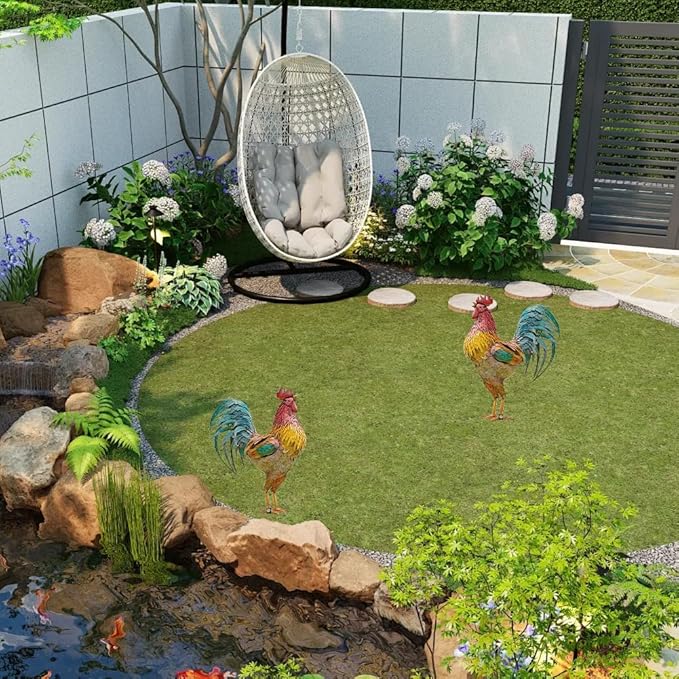 Rooster Garden Statue,12 in 2D Graphic Design Metal Rooster Decor Garden Statue with Stakes,Standing Small Metal Chicken Yard Decor Figurines,Patio Backyard Lawn Home Chicken Sculpture(Not 3D)