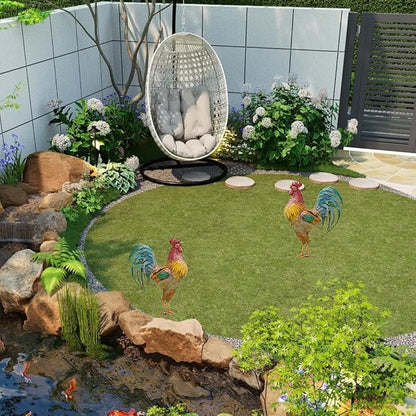 Rooster Garden Statue,12 in 2D Graphic Design Metal Rooster Decor Garden Statue with Stakes,Standing Small Metal Chicken Yard Decor Figurines,Patio Backyard Lawn Home Chicken Sculpture(Not 3D)