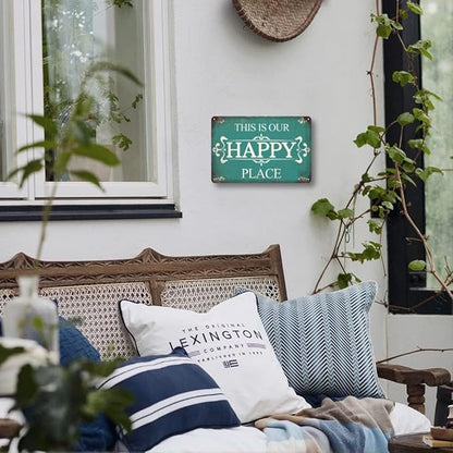 Metal Porch Signs Outdoor - This is Our Happy Place Sign, Vintage Welcome Sign for Front Door, Deck, Backyard, Outside Yard, Farmhouse, Garden, Pool, Patio, Porch Decor Wall Art, 12 x 8 inch