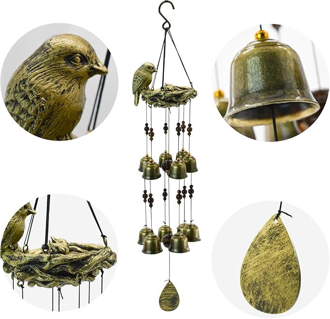 MrMrKura Bird Nest Wind Chime, Bird WindChimes with 12 Bells for Glory Mothers Love Gift Decorative Hanging Bells for Outdoor Garden Backyard Home Decor