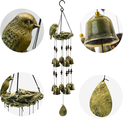 MrMrKura Bird Nest Wind Chime, Bird WindChimes with 12 Bells for Glory Mothers Love Gift Decorative Hanging Bells for Outdoor Garden Backyard Home Decor
