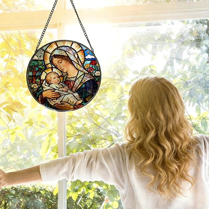 Christian Virgin Mary Baby Jesus Stained Glass Window Hanging, Religious Jesus Suncatcher Indoor Window Glass Round Wall Art Decor, 7.9x7.9 Inch