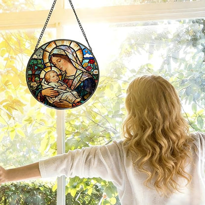 Christian Virgin Mary Baby Jesus Stained Glass Window Hanging, Religious Jesus Suncatcher Indoor Window Glass Round Wall Art Decor, 7.9x7.9 Inch