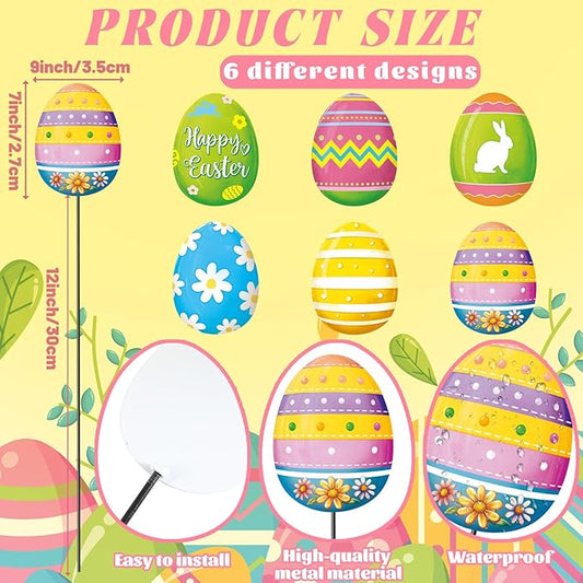 Shimeyao 6 Pcs Metal Easter Egg Garden Stakes Happy Easter Metal Garden Signs Colorful Egg Bunny Yard Stakes Outdoor Decor for Home Lawn Porch Holiday Front Backyard