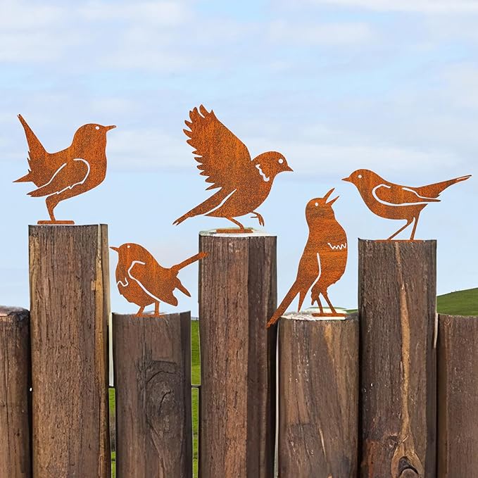 Rusty Metal Bird Garden Decor – 5PCS Iron Bird Silhouette Ornaments, Rustic Yard Art Decorations for Fence, Trees, Gates & Outdoor Decor