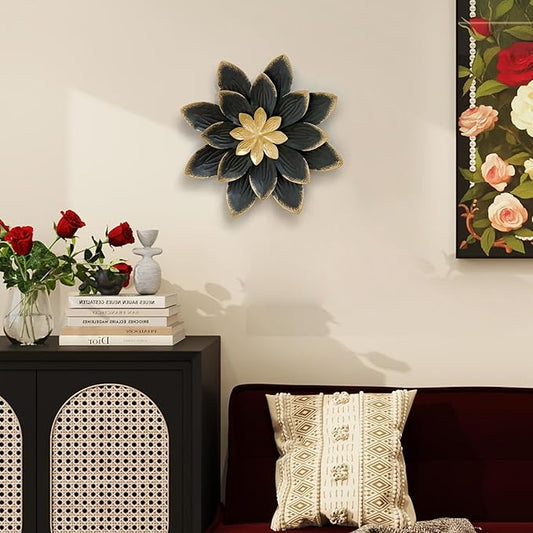 LIFFY 9.2“ Black and Gold Metal Flower Wall Art, Modern Rustic Floral Decor for Indoor Living Room Bedroom Office Outdoor Garden Patio Yard