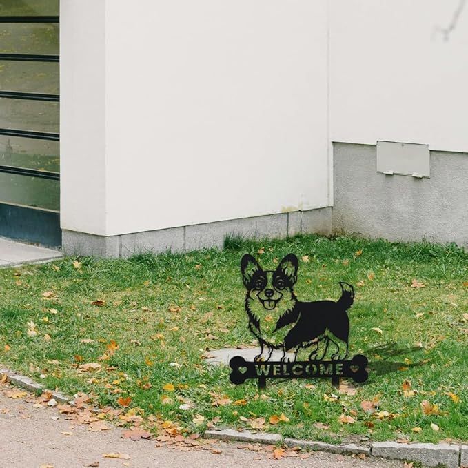 WADORN Dog Metal Decorative Garden Stakes, Funny Welcome Yard Sign Art Decoration Corgi Dog Silhouette Statues Black Garden Decor for Outside Dogs Lover Ornament Gifts for Backyard Patio Lawn Walkways