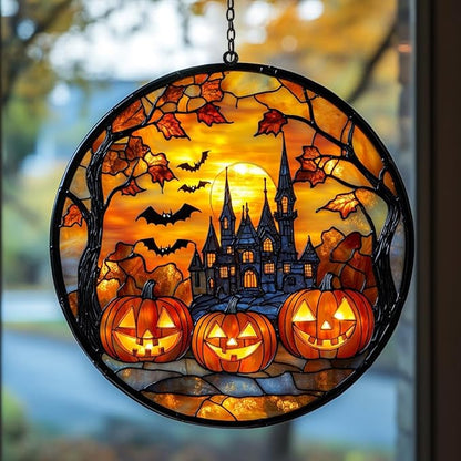 Gothic Halloween Castle Acrylic Suncatcher Stained Glass Effect Window Car Hanging Christmas Ornament Indoor Outdoor Decor Garden Sun Catcher Panel for Halloween Lover for Women Mom Grandma