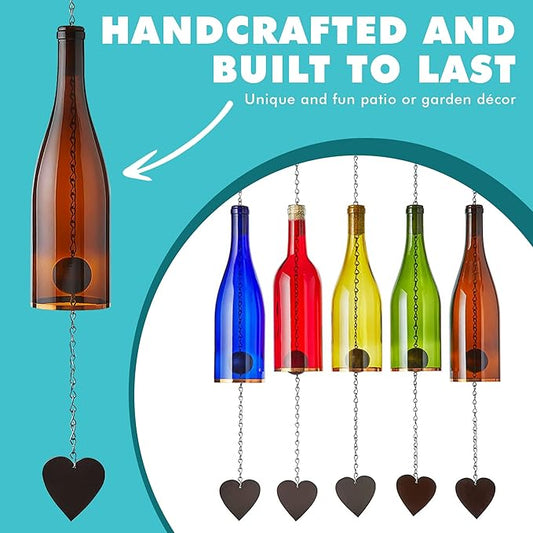 Blue Ridge Mountain Gifts Wine Bottle Wind Chime - Wind Chimes for Outside & Inside Decor, Handcrafted Wine Glass Bottle Wind Chimes, Suncatcher Whimsical Home Decor Gifts for Women (4th of July)