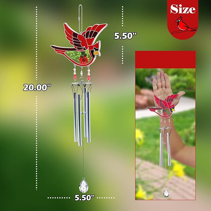 KY&BOSAM Cardinal Wind Chime for Outside Stained Glass Sympathy Wind Chimes Memorial Wind Chime for Loss of Loved One Mother Father Condolence Remembrance,Sympathy Gift Home Outdoor Garden Patio Decor