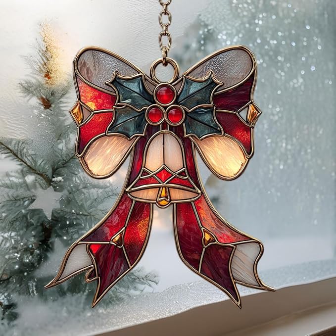 Winter Scarf Knot Mistletoe Acrylic Suncatcher Stained Glass Effect Window Car Hanging Christmas Ornament Indoor Outdoor Decor Garden Sun Catcher Panel for Women Mom Grandma