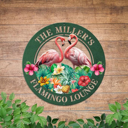 MeMate Flamingo Metal Sign, Outdoor Décor for Backyard, Patio, Pool, Kitchen, Lounge, Personalized Name Outdoor Sign, Pink Metal Sign Housewarming Gift for Family Friend