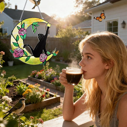 Stained Glass Window Hanging, 10 Inch Stained Glass Suncatcher, Cat Suncatcher for Home Decor, Garden, Patio, Gift for Nature and Cat Lovers