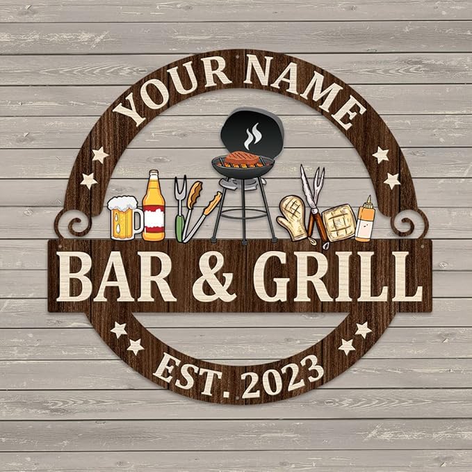 MeMate Bar & Grill Sign - Personalized Outdoor Decor for Backyard, Patio, Pool, Porch, Deck, BBQ - Large Metal Sign for Outside - Housewarming Gifts