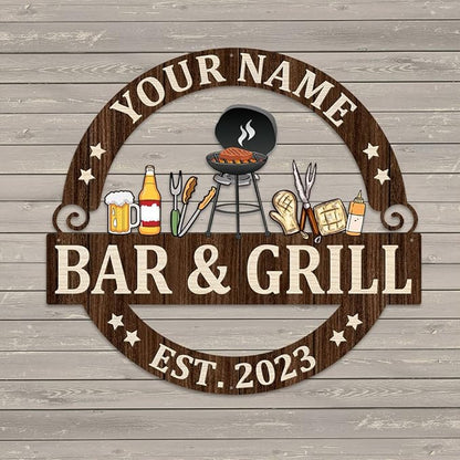 MeMate Bar & Grill Sign - Personalized Outdoor Decor for Backyard, Patio, Pool, Porch, Deck, BBQ - Large Metal Sign for Outside - Housewarming Gifts