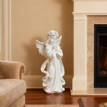 Garden Large-Sized Angel Statue, 25.9 x 12.5 x 10.2 inches, White Resin Outdoor Sculpture, Floor Mount Home Living Room Decoration