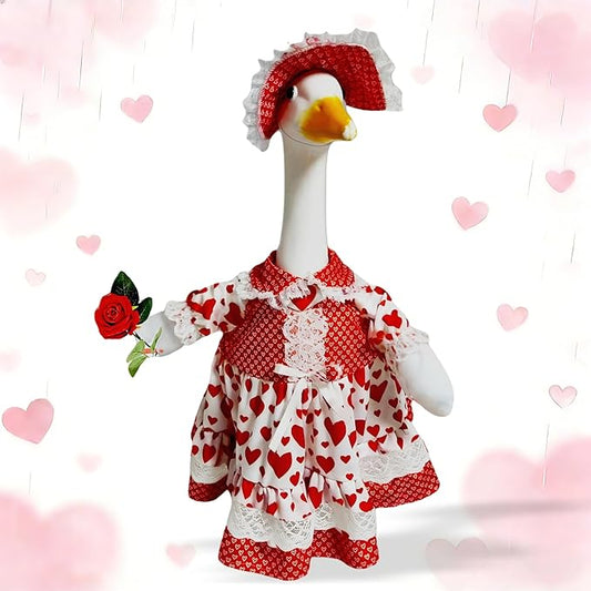 Romantic Porch Goose Dress - Heart-Patterned White Gown with Rose for 23-28" Geese, Ideal for Wedding Proposals, Bridal Events & Couple's Celebrations