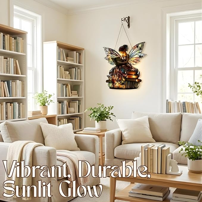Bookshelf Acrylic Suncatcher Colorful Window Hanging Ornament for Book Lovers Sun Catcher Panel for Home Decor Car Garden Gift Vintage Books and Flower Suncatcher