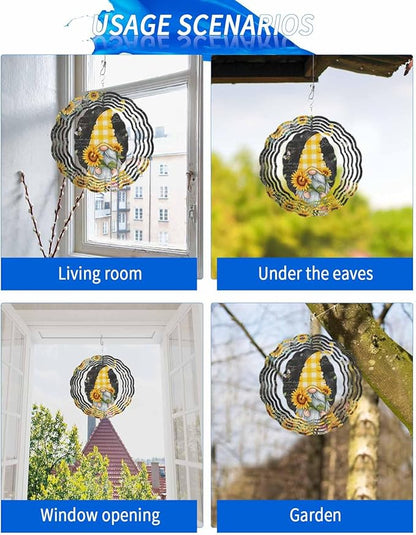 Gnomes Black Wind Spinners Outdoor Inoor, Decorative Hanging Round Ornaments for Yard Patio Garden, Yellow Sunflower Floral Bee Summer Spring Stainless Steel Metal Wind Sculpture Suspension Trim, 10"