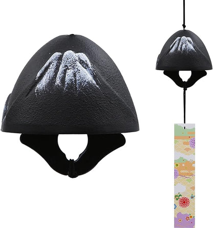 Japanese Wind Chime Cast-Iron Outdoor Ornament for Garden, Patio & Balcony, Hanging Metal Wind-Bell Decoration Gift, Blessing Pendant Windchimes & PVC Wind-Catcher, Mt. Fuji - Black