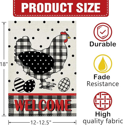 Dyrenson Welcome Chicken Decorative Garden Flag, Hen Eggs Buffalo Plaid Check Polka Dots Yard Outside Home Decoration, Farmhouse Burlap Outdoor Small Decor Double Sided 12 x 18